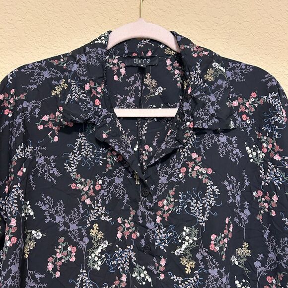 Comfy USA Button Up Blouse Tunic Womens Medium Black Floral Oversized Pockets - Picture 4 of 7